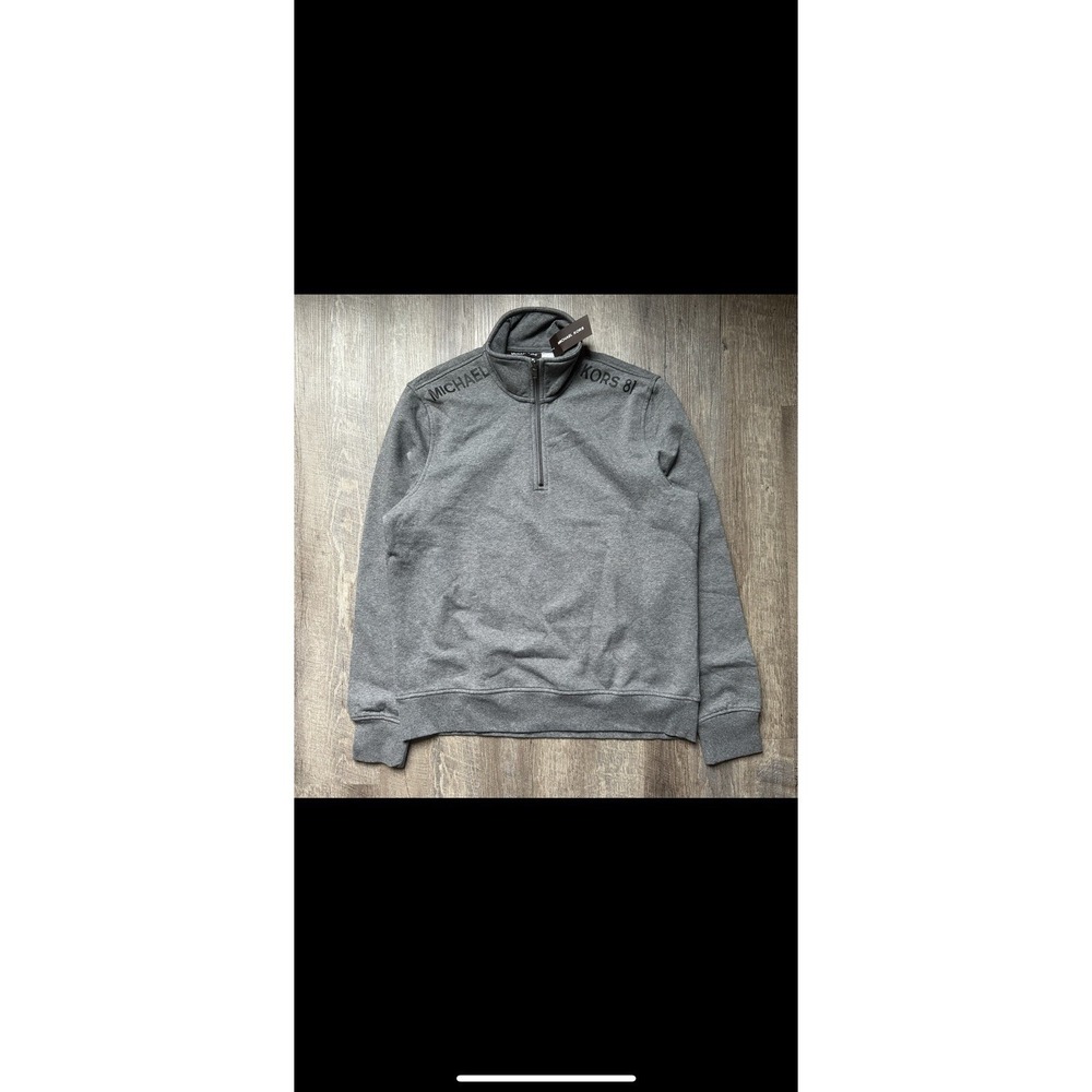 NEW Michael Kors Quarter-Zip Mens Large Gray Pullover Sweater Logo Long Sleeve L